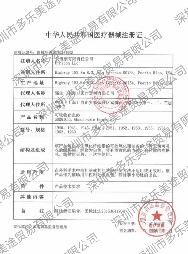 美國強生 可吸收止血紗速即紗止血紗布 1962